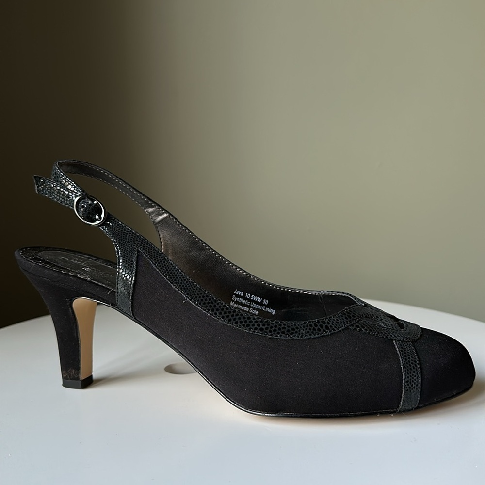 Ros Hommerson Java Veganβ Leather Slingback Black Faux Snake Trim 10.5 WW Read